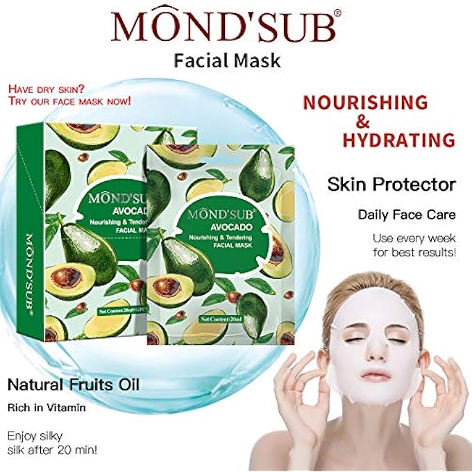 Mond'sub [12 P]AVOCADO OIL FACIAL MASKS-BEST SHEET MASK FOR DRY SKIN-DEEPLY NOURISHING&MOISTURIZING- MAKE SKIN SOFT&CLEAR-EVERY SKIN CONDITION DAY TO DAY SKIN CONCERNS-BOTH MEN&WOMEN - Image 4
